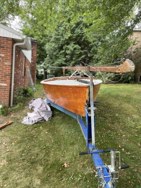 19' Lightening  sailboat, on trailer looking at bow starboard 