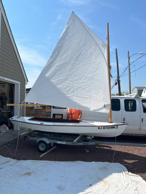 Melonseed Day Sailer, on trailer starboard side view sail up