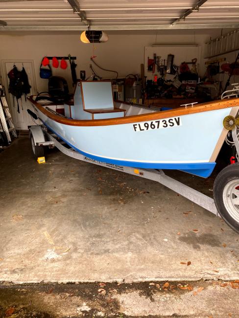 2018 Wooden Seaskiff, on treailer starboard side bow view