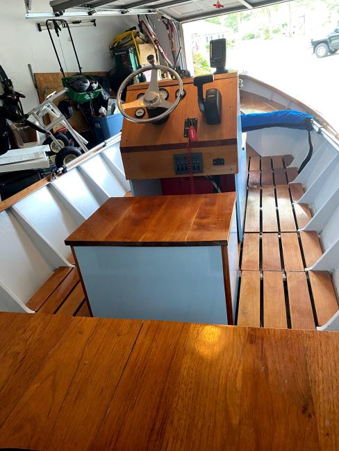 2018 Wooden Seaskiff, looking at wheel and deck towards bow 