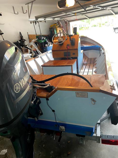 2018 Wooden Seaskiff, looking at enginge and stern deck and looking towards the bow