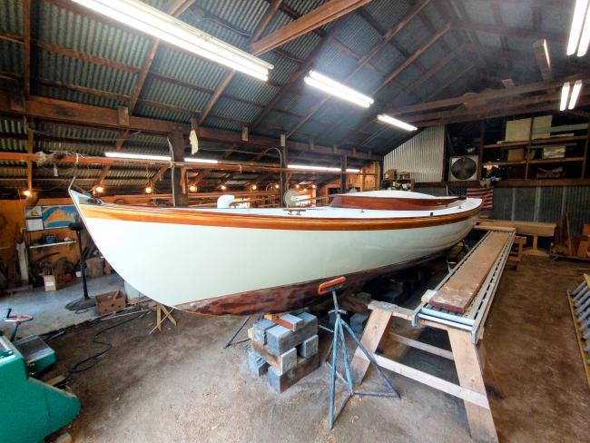 Sanford Alerion #12, inside on stands, bow port side view