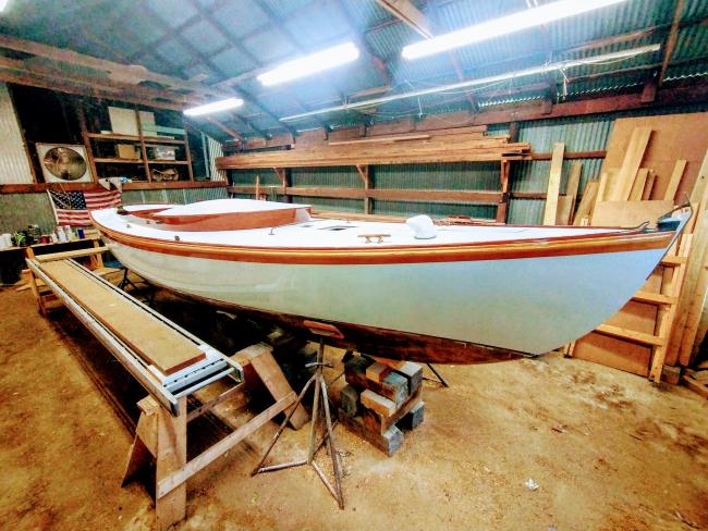 Sanford Alerion #12, on stands, starboard side bow view