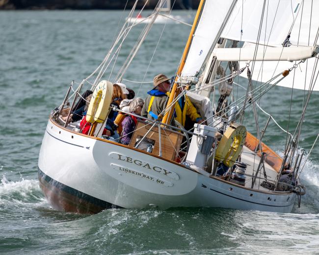 LEGACY 1956 K. Aage Nielson  50’ Yawl, undersail stern view