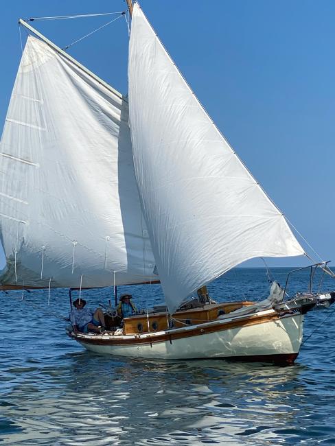 26 foot Stadel cutter for sale, undersail bow starboard side view