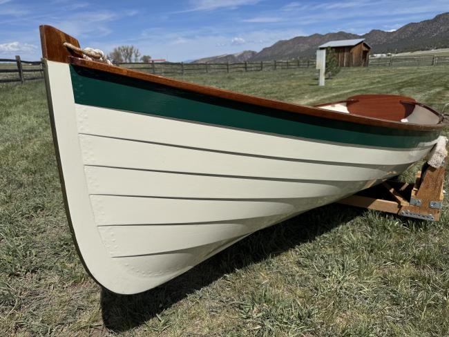 Acorn Skiff, on trailer, bow port side view