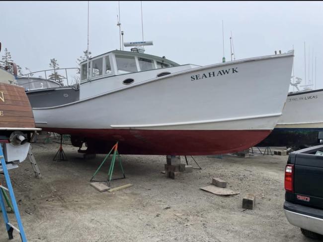 2004 Buxton built Lobster Boat, on the hard starboard side bow view