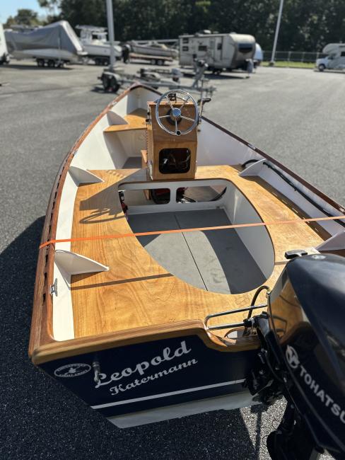 CLC Peeler Skiff 16', on trailer, view from stern to bow