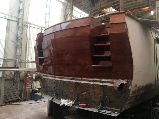 1965 Chris-Craft Constellation, stored inside stern view