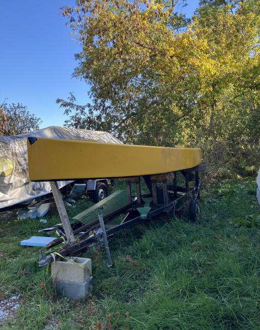 International 110 project boats, on trailer starboard bow view
