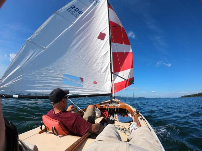 International 210 Hull No. 228 Restoration Complete, undersail looking toward bow