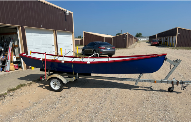 John Welsford Seagull Dory, on trailer starboard side view no cover