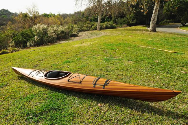 Wooden Kayak Miramichi 17'  - 1 person, starboard side view on grass