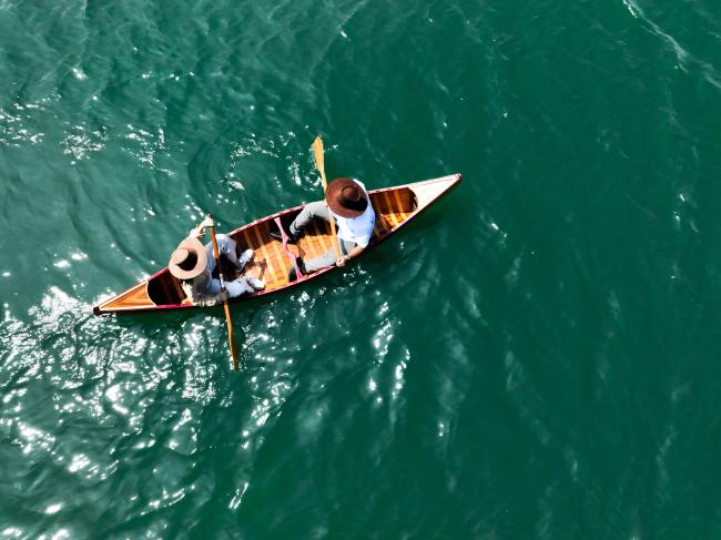 Wooden Canoe With Ribs Curved Bow 12', view from above in water