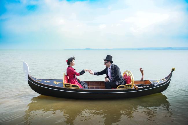 Venetian Gondola Wooden Boat 15', in water port side