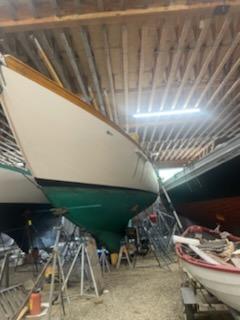 MacIntosh Schooner for sale, on the hard in the shop
