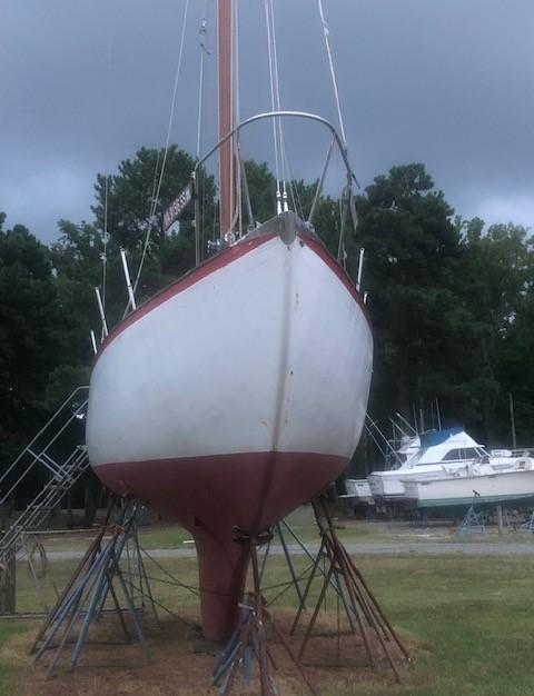 NIRVANA III 1965 Danish sloop 4, on stands bow view