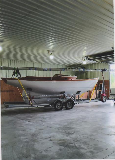 Herreshoff Alerion 26, inside on trailer Starboard side view
