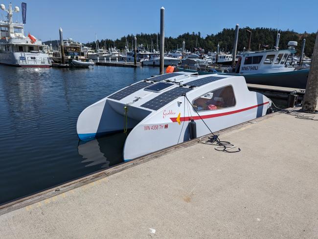Solar Electric Trailerable Catamaran, docked port side view