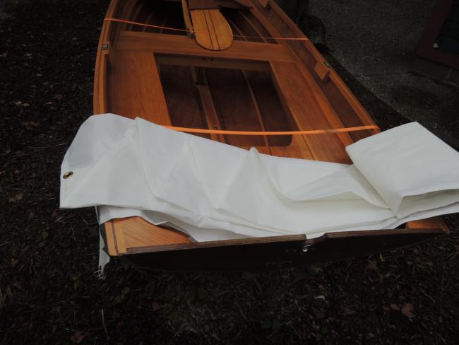 Penobscot 13 wooden sailboat, view of stern end