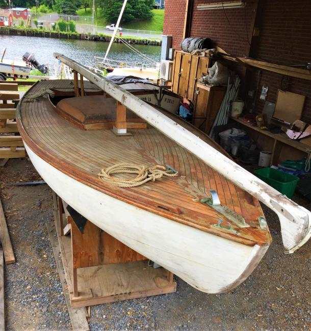 Wooden ballast keel sloop "RASCAL", inside view from above of deck, starboard and bow