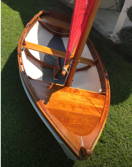SHELLBACK SAILING DINGHY, view from bow and above looking inside