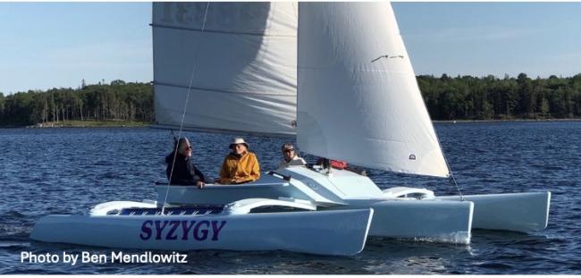 John Marples design and built 21' folding trimaran, undersail