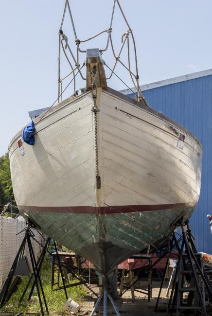 1936 Blue Moon Alden Design Cutter/Sloop, on the hard looking at the bow