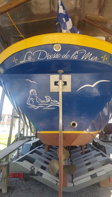 St-Pierre Dory 26' 2005, view of stern on trailer