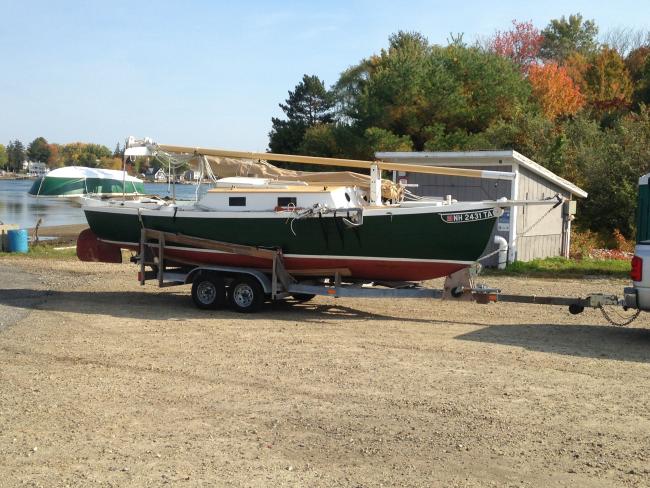 Silk Purse - An Historically-Inspired Trailerable Gaff Pocket Cruiser, on trailer starboard side view
