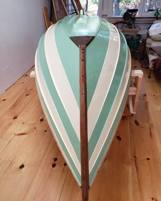 Fancy dinghy, rowboat, yacht tender, Chaisson Dory, view of bottom in storage