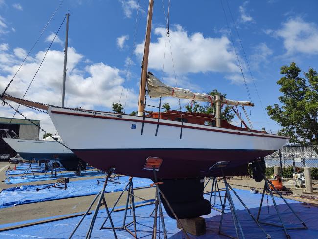 Ed Monk Sloop, on the hard, full port side view