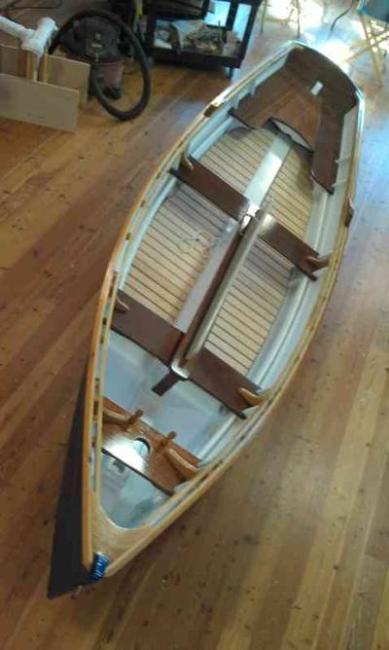 14' Oyster Sharpie - Howard Chapelle design, on wood floor view from above