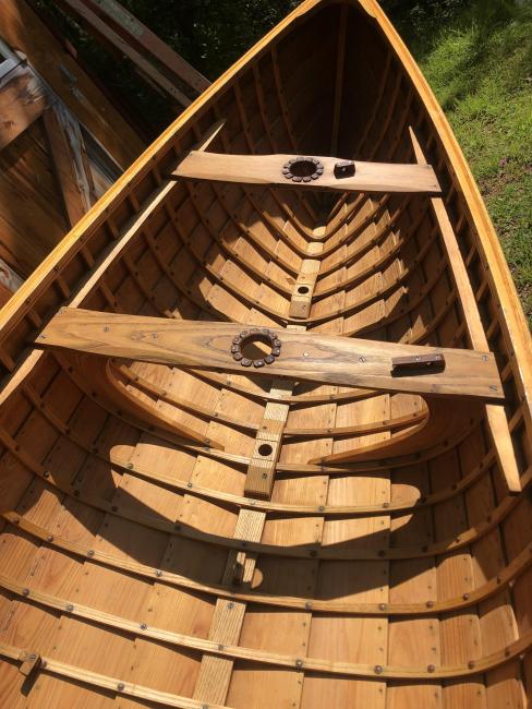 "Piccolo" 12' 8" Sailing Canoe and Model, up close view inside