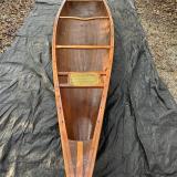 Handcrafted Cedar Strip Canoe- 18 ft, full view, on ground