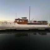 M/V TAUTIRA exterior at sunset in Pelican Harbour, Sausalito