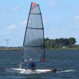 Viola 14 Sailing canoe planing freely, bow lifting without crew input