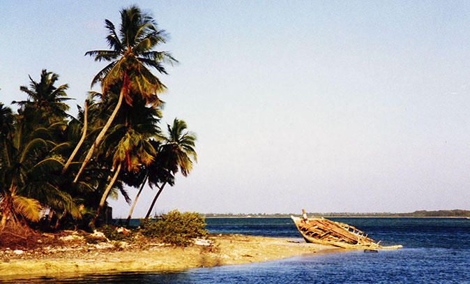 The wreck of a Bahamian fishing sloop.