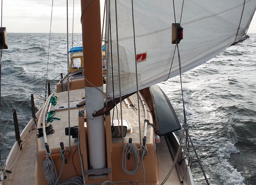 Motorsailing IBIS with foresail and diesel engine.